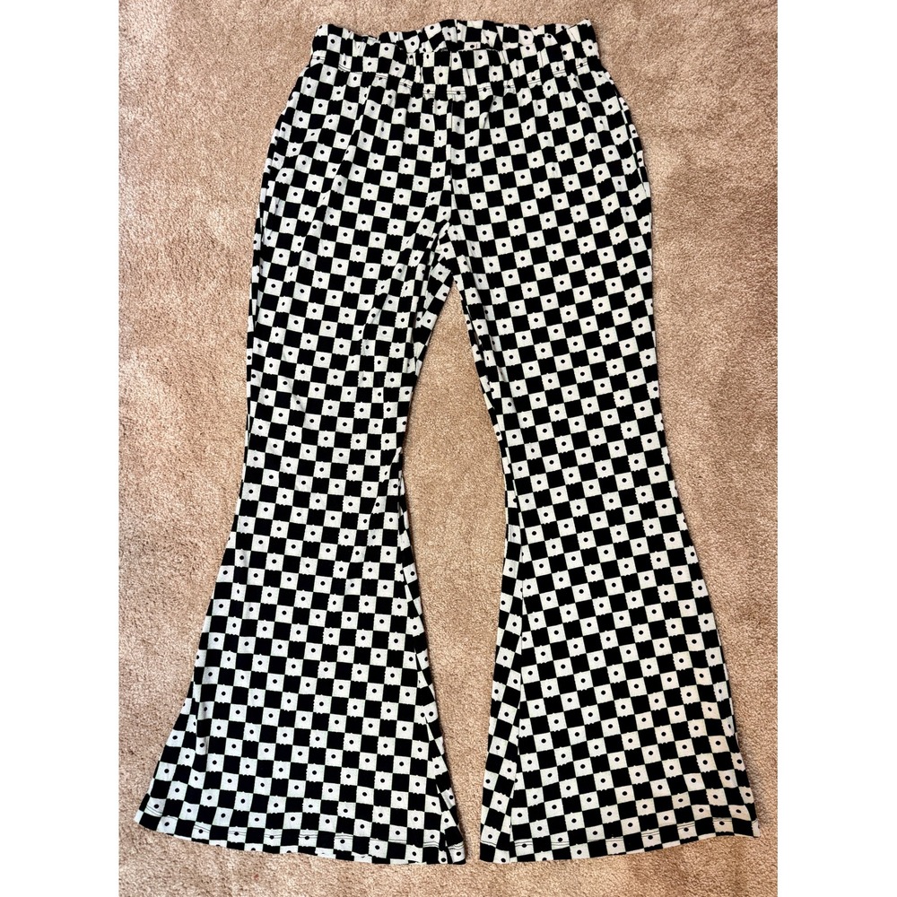 Cato Black & White Checkerboard Print Hippie Flare Pants Women's Medium